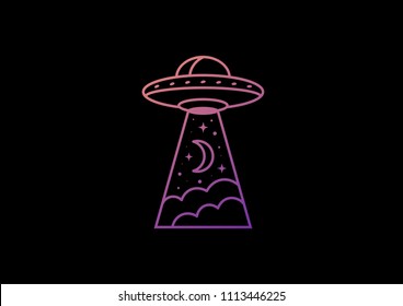 Silhouette of line UFO space ship. Alien space ship. Gradient Flying saucer. Vector illustration.