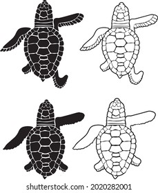 Silhouette and linear drawing of a turtle.