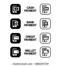 Silhouette and linear payment method icons design isolated on white background