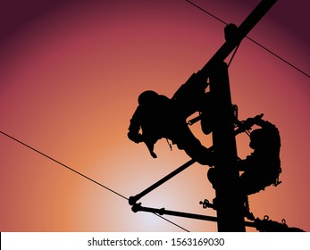 The silhouette of lineman are replacing damaged insulator insulators by using insulated wire-tong sets, tie stick and robe box sets in sliding wires going out in a safety working distance.
