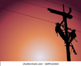 The silhouette of lineman are replacing damaged insulator insulators by using insulated wire-tong sets, tie stick and robe box sets in sliding wires going out in a safety working distance.