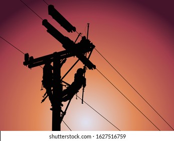The silhouette of lineman are replacing damaged insulator insulators by using insulated wire-tong sets, tie stick and robe box sets in sliding wires going out in a safety working distance.