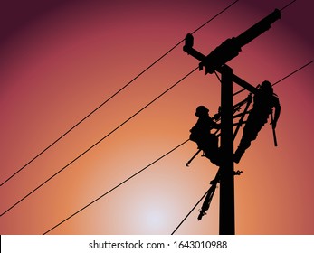 The silhouette of lineman are replacing damaged insulator insulators by using insulated wire-tong sets, tie stick and robe box sets in sliding wires going out in a safety working distance.