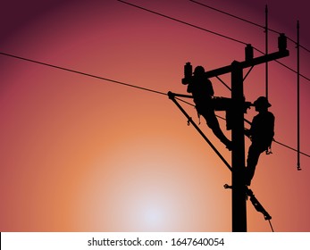 The silhouette of lineman are replacing damaged insulator insulators by using insulated wire-tong sets, tie stick and robe box sets in sliding wires going out in a safety working distance.