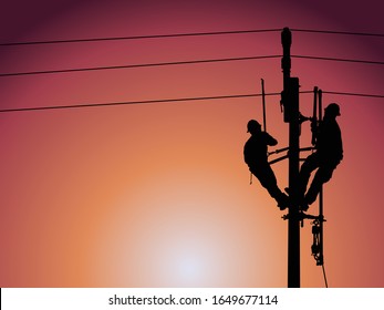 The silhouette of lineman are replacing damaged insulator insulators by using insulated wire-tong sets, tie stick and robe box sets in sliding wires going out in a safety working distance.