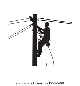 Silhueta de um homem de linha que trabalha em um polo utilitário com fios elétricos