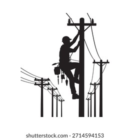 Silhueta de um homem de linha que trabalha em um poste de utilidade com linhas de energia