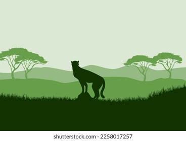 Silhouette de un león en la sabana africana. Ilustración del vector