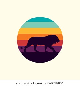 Silhouette of a lion against a striped retro sunset. Original vector illustration in vintage style isolated on light background. T-shirt design. Hand drawn, not AI