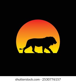 Silhouette of a lion against a striped retro sunset. Original vector illustration in vintage style isolated on light background. T-shirt design. Hand drawn, not AI