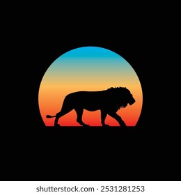 Silhouette of a lion against a striped retro sunset. Original vector illustration in vintage style isolated on light background. T-shirt design. Hand drawn, not AI