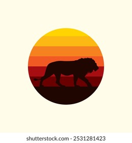 Silhouette of a lion against a striped retro sunset. Original vector illustration in vintage style isolated on light background. T-shirt design. Hand drawn, not AI