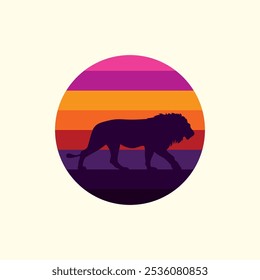 Silhouette of a lion against a striped retro sunset. Original vector illustration in vintage style isolated on light background. T-shirt design. Hand drawn, not AI