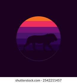 Silhouette of a lion against a striped retro sunset. Original vector illustration in vintage style isolated on black background. T-shirt design. Hand drawn, not AI