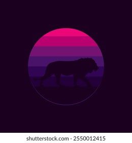 Silhouette of a lion against a striped retro sunset. Original vector illustration in vintage style isolated on black background. T-shirt design. Hand drawn, not AI