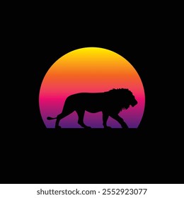 Silhouette of a lion against a striped retro sunset. Original vector illustration in vintage style. T-shirt design. Hand drawn, not AI