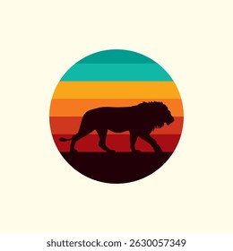 Silhouette of a lion against a striped retro sunset. Original vector illustration in vintage style isolated on light background. T-shirt design. Hand drawn, not AI