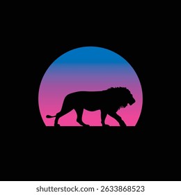 Silhouette of a lion against a striped retro sunset. Original vector illustration in vintage style isolated on light background. T-shirt design. Hand drawn, not AI