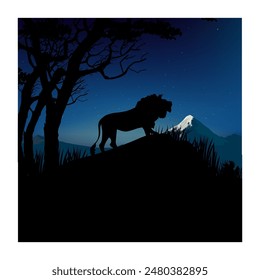 Silhouette of lion among the trees in forest vector illustration. Animal of africa safari, wildlife and nature.
