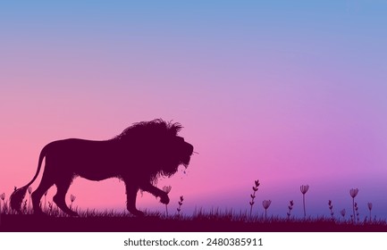 Silhouette of lion among the trees in forest vector illustration. Animal of africa safari, wildlife and nature.