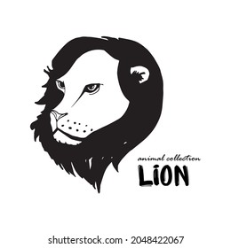 Silhouette of a lion. The head of a lion with a large mane. Wild animal sketch. Animal of Africa. Ink drawing