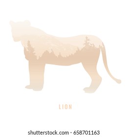 silhouette of a lion Inside the pine forest, beige colors /animal / park / vector illustration on white background. logo, symbol