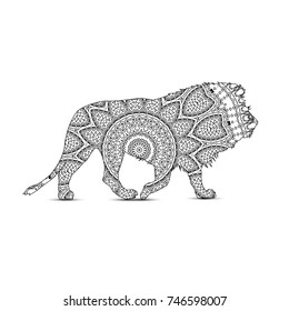 Silhouette of lion with king`s circular ornament.  Zentagle art.