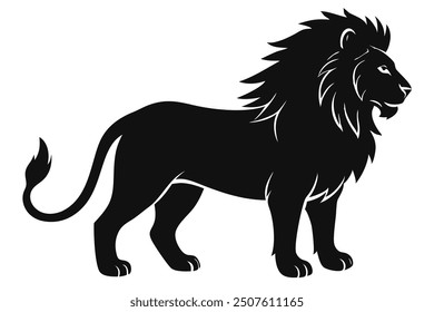 A silhouette of a lion, majestic and powerful, standing tall against the horizon. Its mane flows in the wind, capturing the essence of strength and grace in a striking, shadowed profile.