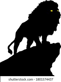 Silhouette of a lion on top of a high cliff. Vector illustration.