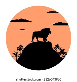 Silhouette of a lion on the top of the montain in sunset with orange and yellow background EPS