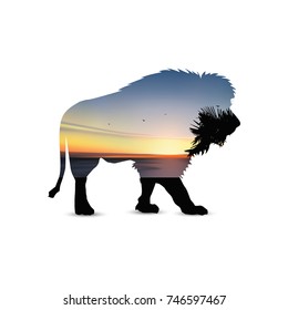 Silhouette of lion with palm trees, sea horizon and colorful sky. 