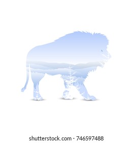 Silhouette of lion with panorama of mountains.  Winter.