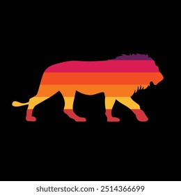 The silhouette of a lion in a retro sunset. Hand drawn, not AI