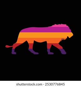 The silhouette of a lion in a retro sunset. Original vector illustration in vintage style isolated on black background. Hand drawn, not AI