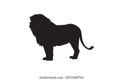 Silhouette of a lion standing majestically against a plain white background, highlighting its powerful and iconic shape.