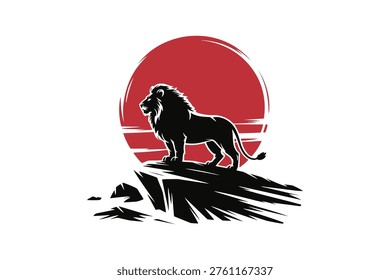 Silhouette of a lion standing on a cliff with a red sunset background