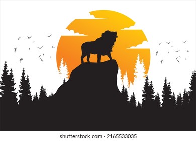 Silhouette Of A Lion At Sunset. King Of The Jungle. Illustration Of A Lion Standing On A Rock With A Pine Forest In The Background