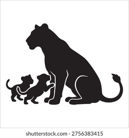 Silhouette of a lioness with two cubs. The lioness is sitting, while one cub stands on its hind legs touching her, and the other stands beside. 
