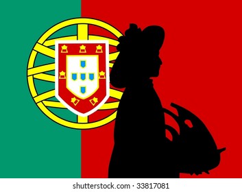 silhouette of Lisbon on Portugal flag background