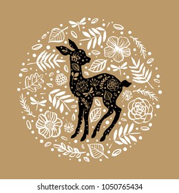 Silhouette of little baby deer, fawn in the flower pattern circle. Hand drawn design elements. Vector illustration. Nursery scandinavian art.