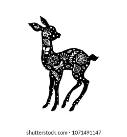 Silhouette of little baby deer, fawn with flower pattern. Hand drawn design elements. Vector illustration. Nursery scandinavian art.