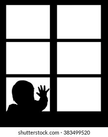 Silhouette of little baby waving hand on the window. Easy editable layered vector illustration.