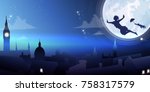 Silhouette little boy flying.Banner fullmoon night city background vector