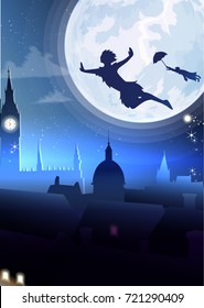 Silhouette little boy flying.Fullmoon night city background vector