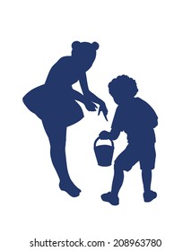 Silhouette of  little boy and girl playing together