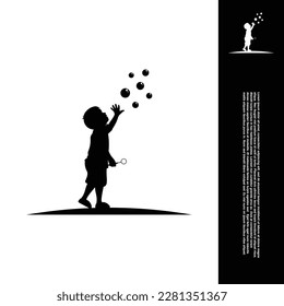 silueta de un niño pequeño jugando con burbujas de diseño de ilustraciones vectoriales.Logo infantil moderno. Diseño creativo