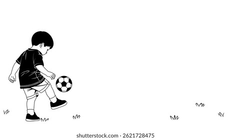 Silhueta de um menininho jogando com uma bola de futebol. Vetor preto e branco, no minimalismo. A criança está chutando a bola com foco e concentração. Para o plano de fundo, banners, apresentações.