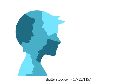 Silhouette Of A Little Boy With The Silhouettes Of The Adult Faces Inside. The Concept Of Family, Upbringing, Growing Up, Influence And Education. Vector Illustration With Copy Space.