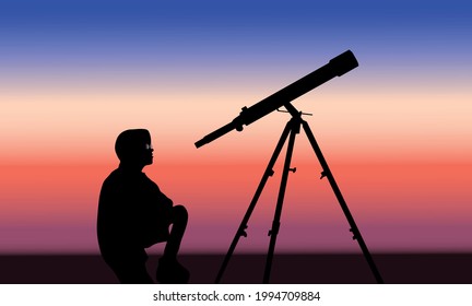 Silhouette de un niño pequeño con un telescopio al atardecer. Cielo atardecer y un astrónomo esperando una estrella fugaz