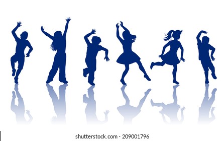 Silhouette of little boys and girls dancing and playing together